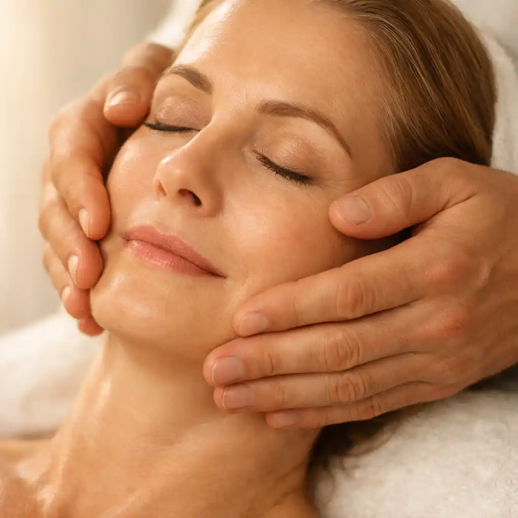 Masażysta wykonuje delikatny masaż twarzy klientce
