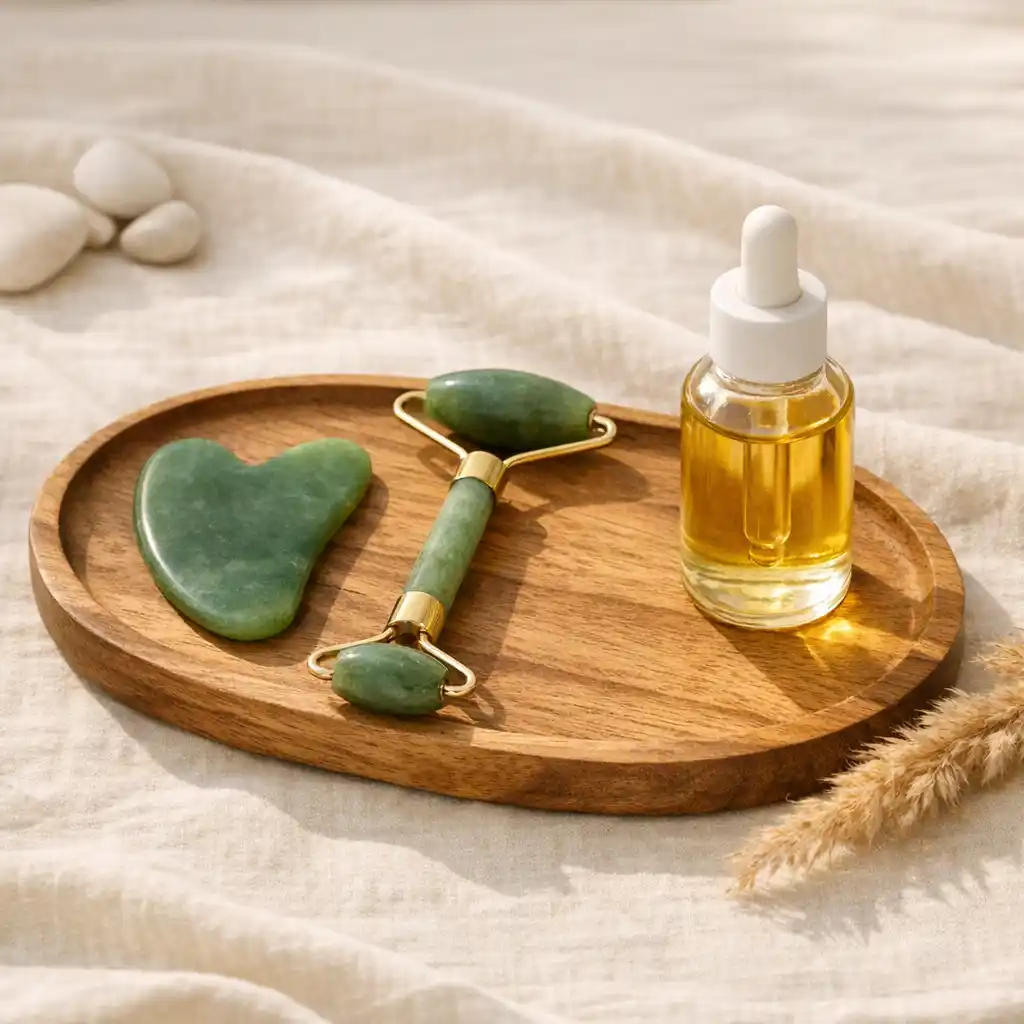 Narzędzia do masażu twarzy: gua sha i roller na drewnianej tacy