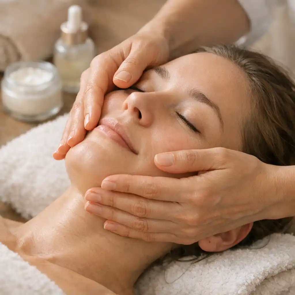 Ręce wykonujące masaż twarzy na kobiecie