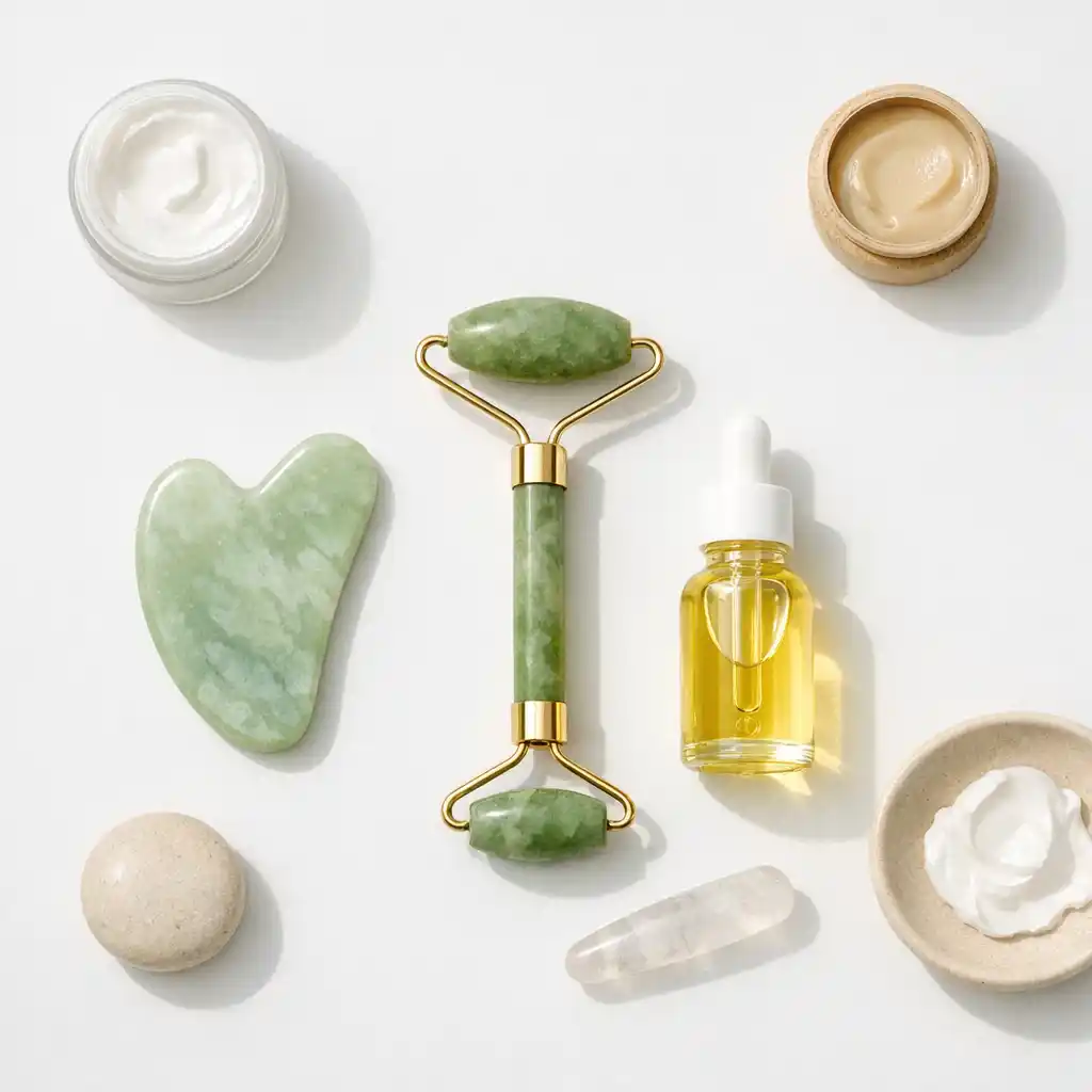 Gua sha i masażer do twarzy na tle kosmetyków