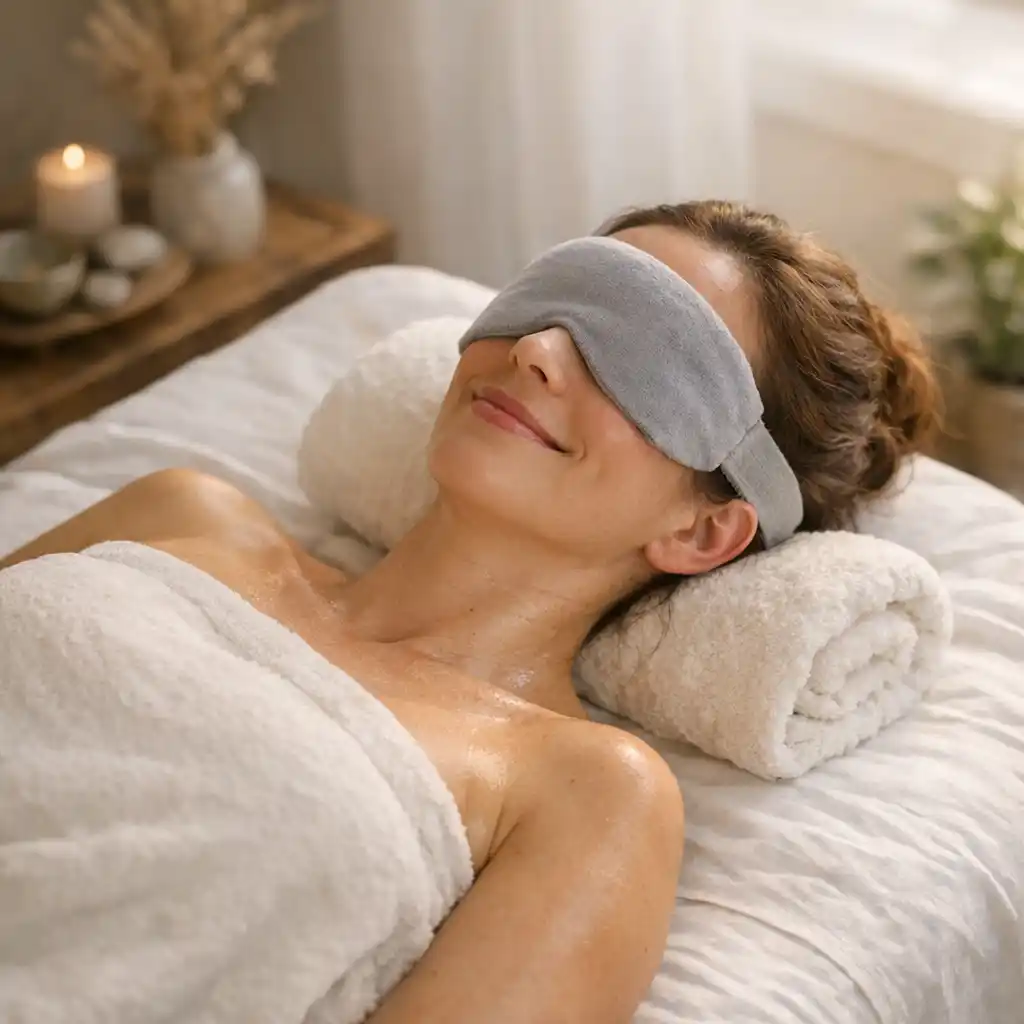 Zrelaksowana kobieta po masażu twarzy z zasłoniętymi oczami